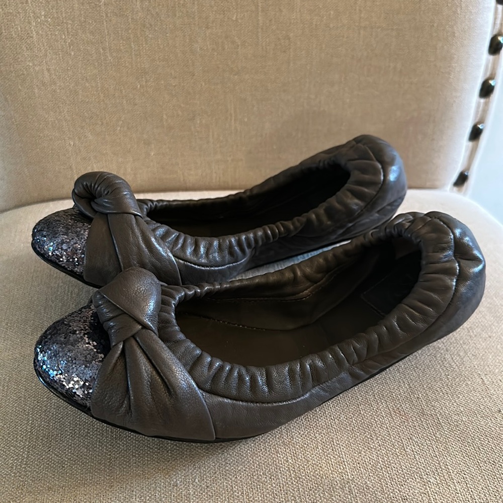 Tory Burch Katie Glitter Toe Leather Slip On Ballet Flats Gray Size 6.5
